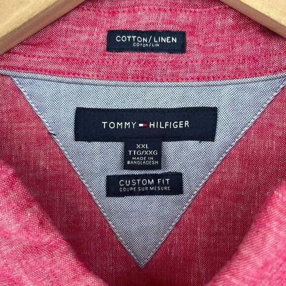 TOMMY HILFIGER Shirt Mens 2XL Cotton Linen Chambray Button Up Short Sleeve Pink - Picture 5 of 14